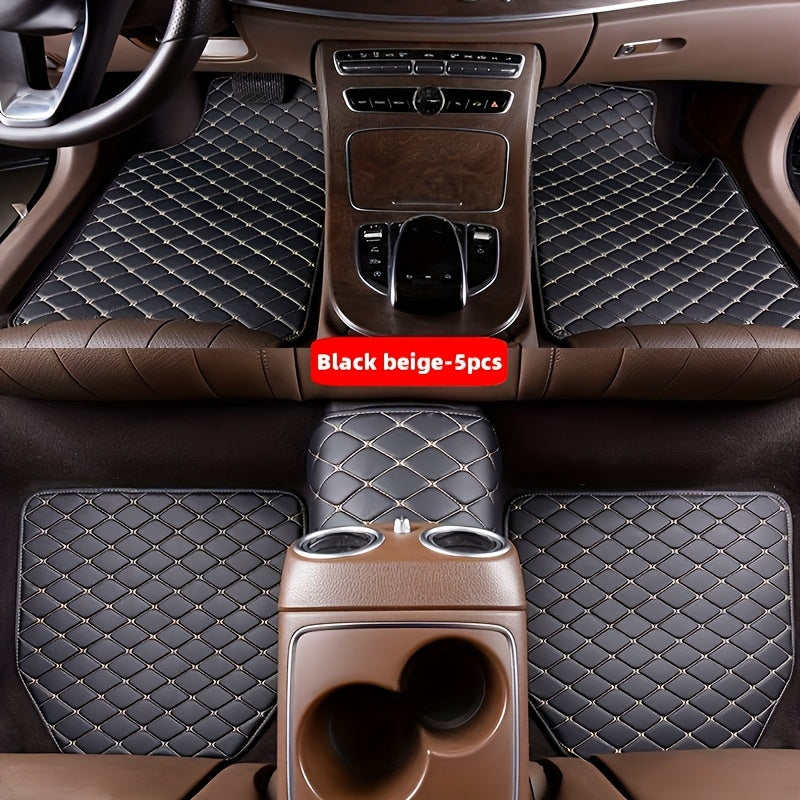 5pcs Set Waterproof Stylish Faux Leather Car Floor Mats with Checkered Pattern - Easy Installation, Enhanced Interior Protection, Fits Most Vehicles, Luxury Vehicle Accessorie