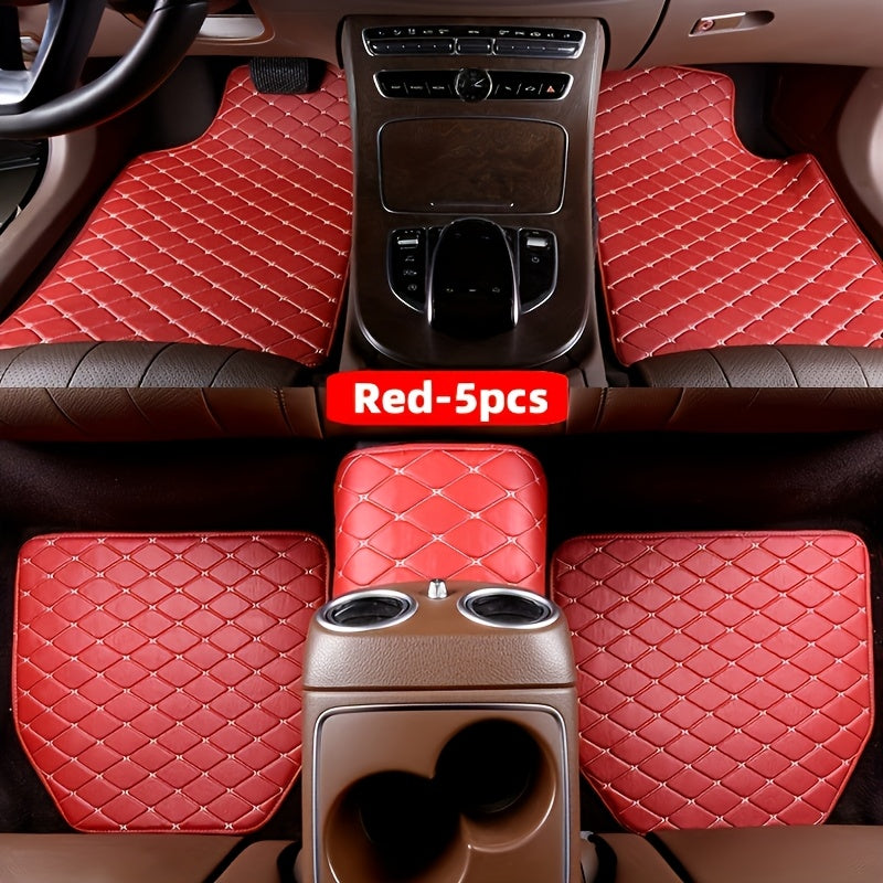 5pcs Set Waterproof Stylish Faux Leather Car Floor Mats with Checkered Pattern - Easy Installation, Enhanced Interior Protection, Fits Most Vehicles, Luxury Vehicle Accessorie