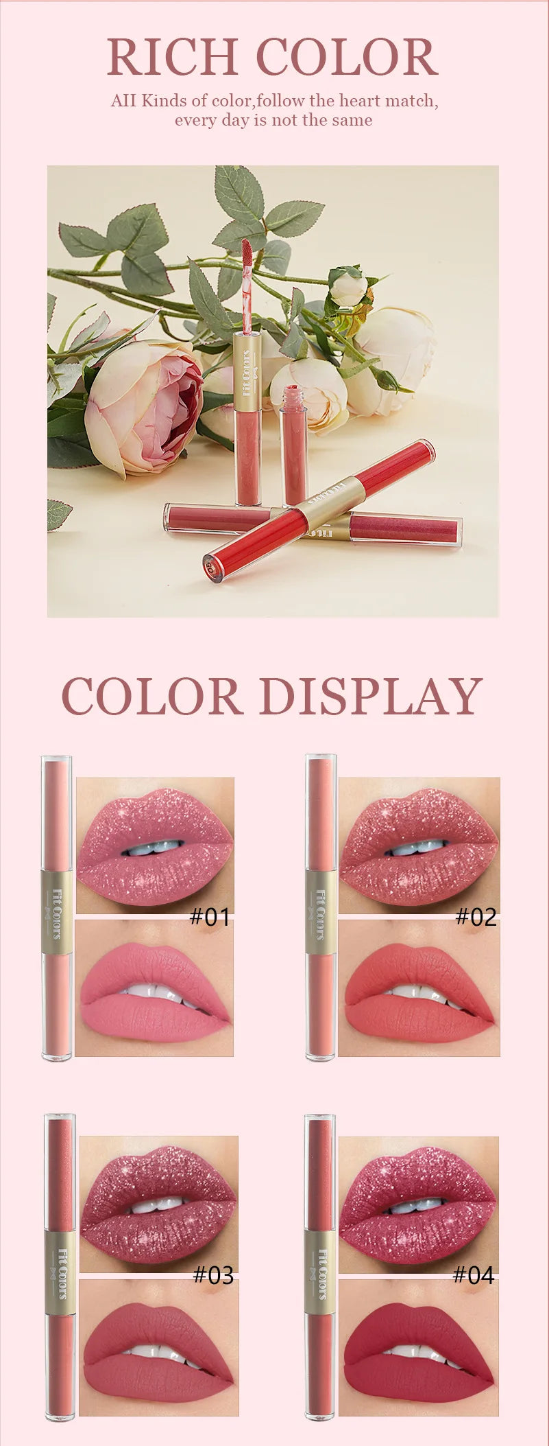 أحمر شفاه سائل جديد 2 في 1 من Fit Colors، غير لامع، مخملي، مقاوم للماء، لامع، ملمع شفاه، لامع، يدوم طويلاً، غير لاصق، كوب مستحضرات تجميل
