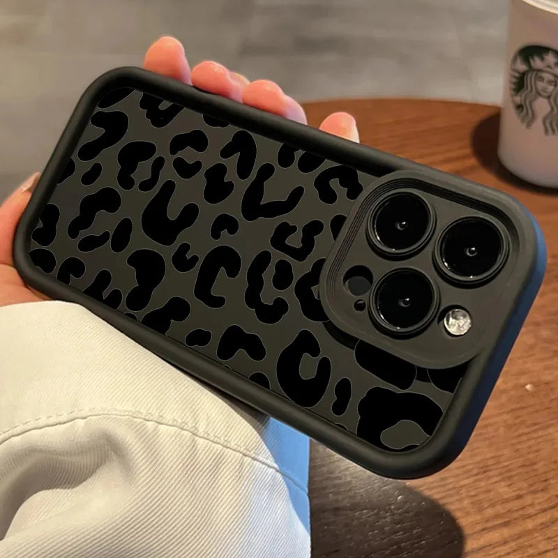 Black Leopard Print Pattern Silicone Phone Case For iPhone 15 16 Pro Max 16E Shockproof Cover