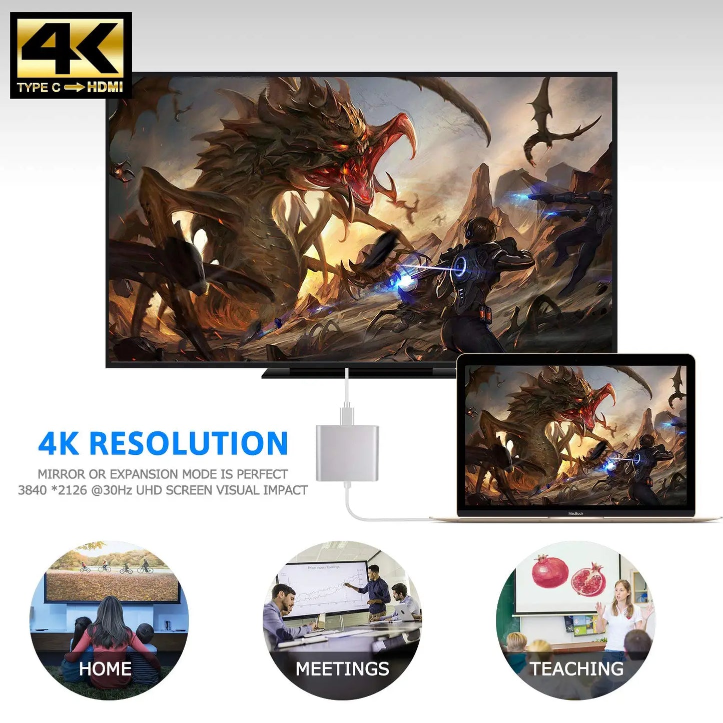 محول USB Type-C إلى HDMI 3 في 1 - HDMI بدقة 4K، وUSB 3.0، وشحن سريع PD