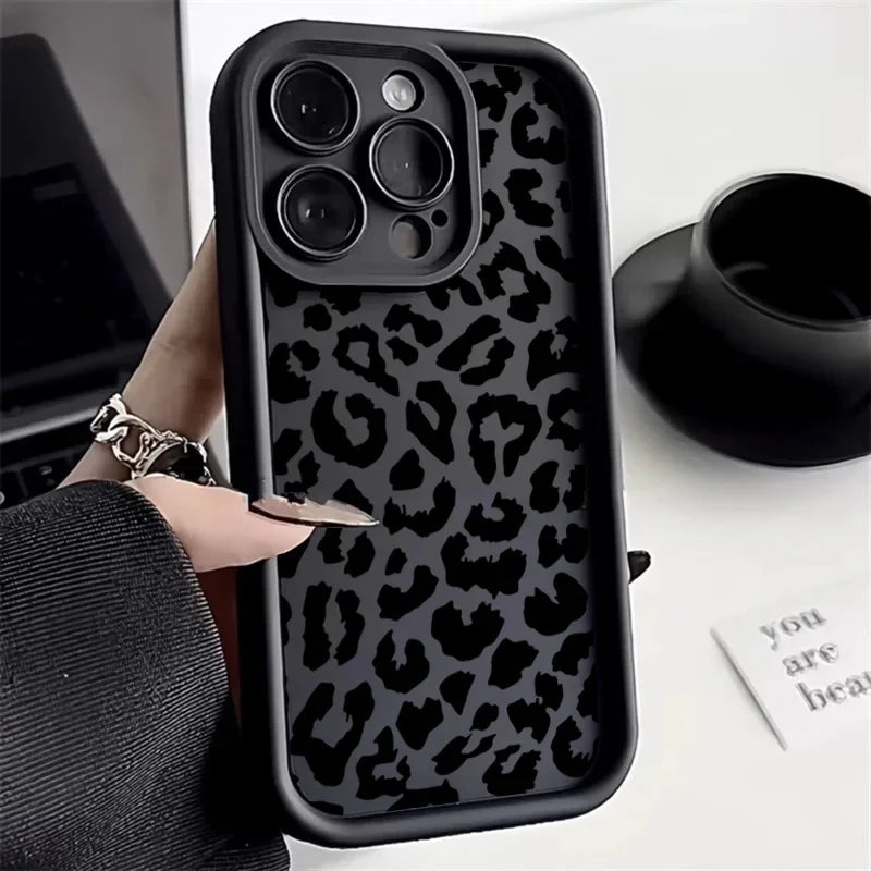 Black Leopard Print Pattern Silicone Phone Case For iPhone 15 16 Pro Max 16E Shockproof Cover