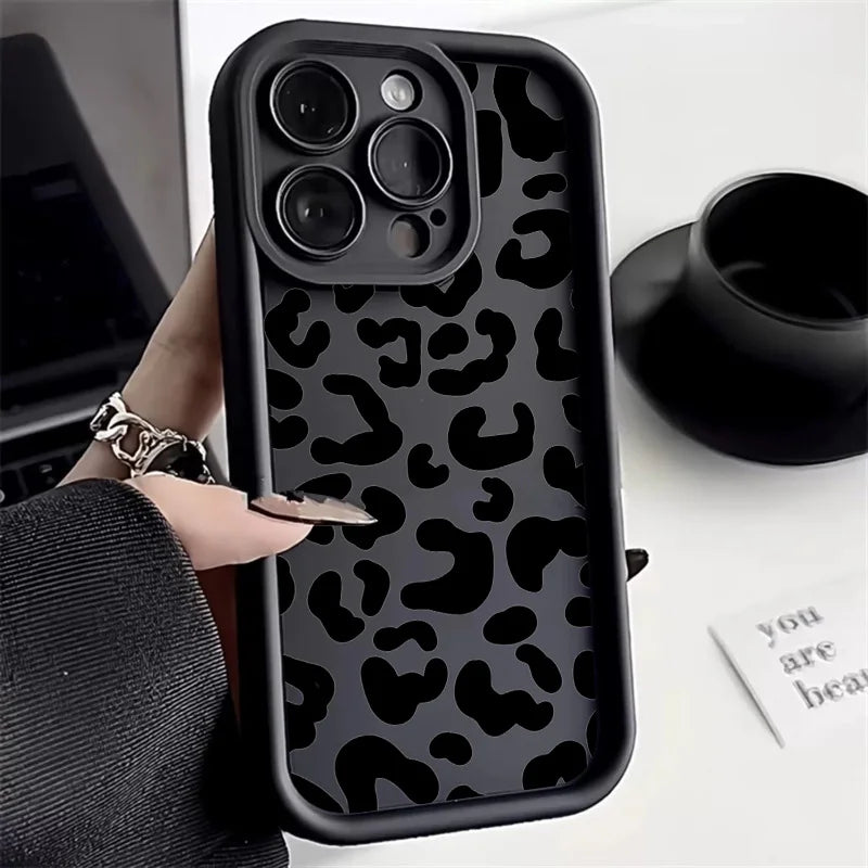Black Leopard Print Pattern Silicone Phone Case For iPhone 15 16 Pro Max 16E Shockproof Cover