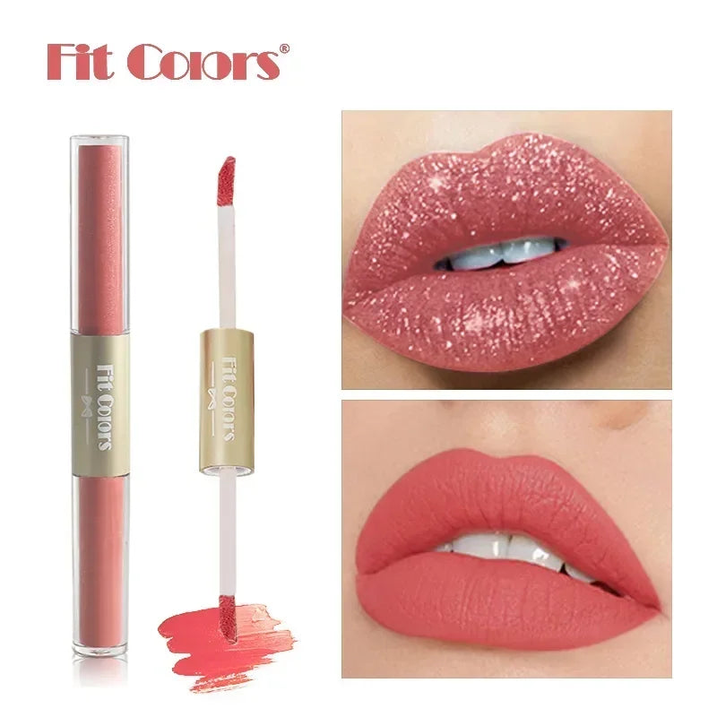 أحمر شفاه سائل جديد 2 في 1 من Fit Colors، غير لامع، مخملي، مقاوم للماء، لامع، ملمع شفاه، لامع، يدوم طويلاً، غير لاصق، كوب مستحضرات تجميل