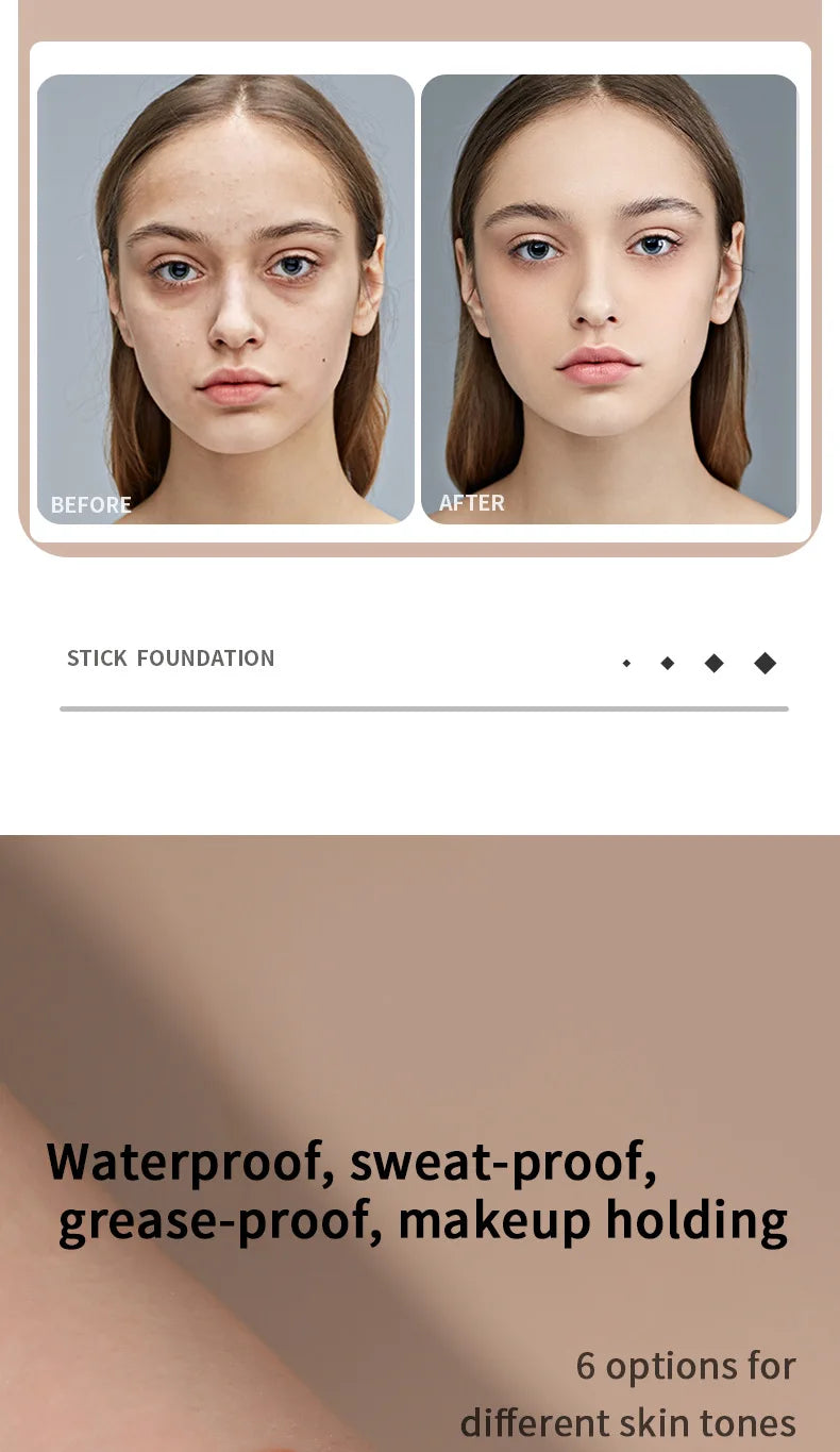 New 6 Color Foundation Stick Natural Lasting Waterproof Fashion Multi-functional Concealer Foundation Make-up for All Skin Types