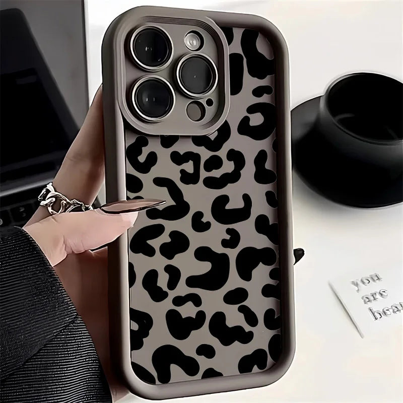 Black Leopard Print Pattern Silicone Phone Case For iPhone 15 16 Pro Max 16E Shockproof Cover