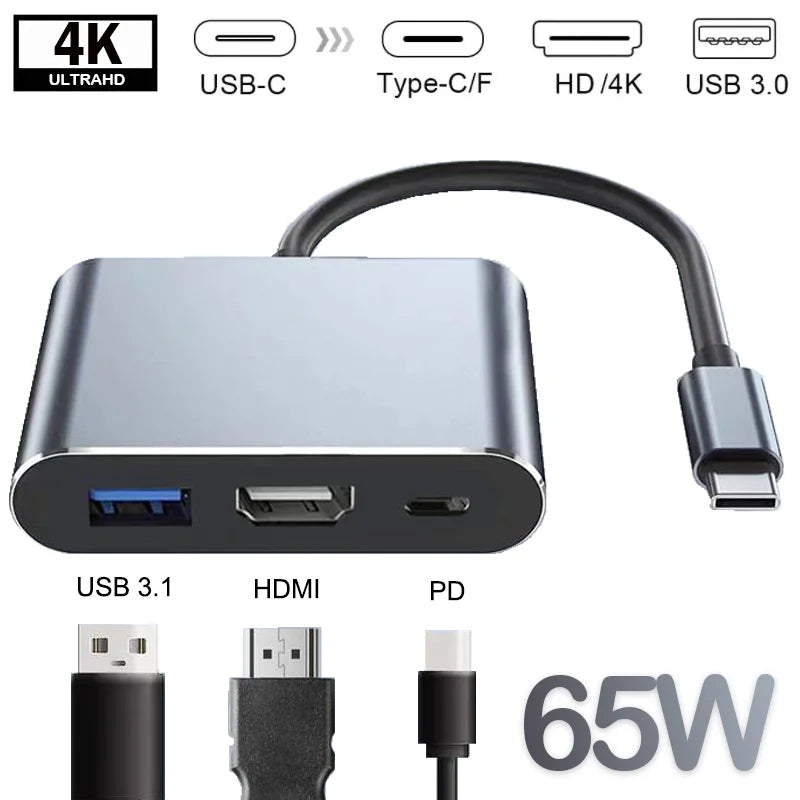 محول USB Type-C إلى HDMI 3 في 1 - HDMI بدقة 4K، وUSB 3.0، وشحن سريع PD