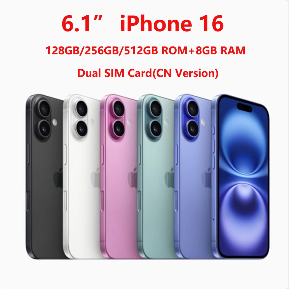 Apple 6.1" iPhone 16 Dual SIM Card Cellphone 5G Unlocked Super Retina XDR OLED Face ID A18 128/256/512GB ROM 8GB RAM Smartphone