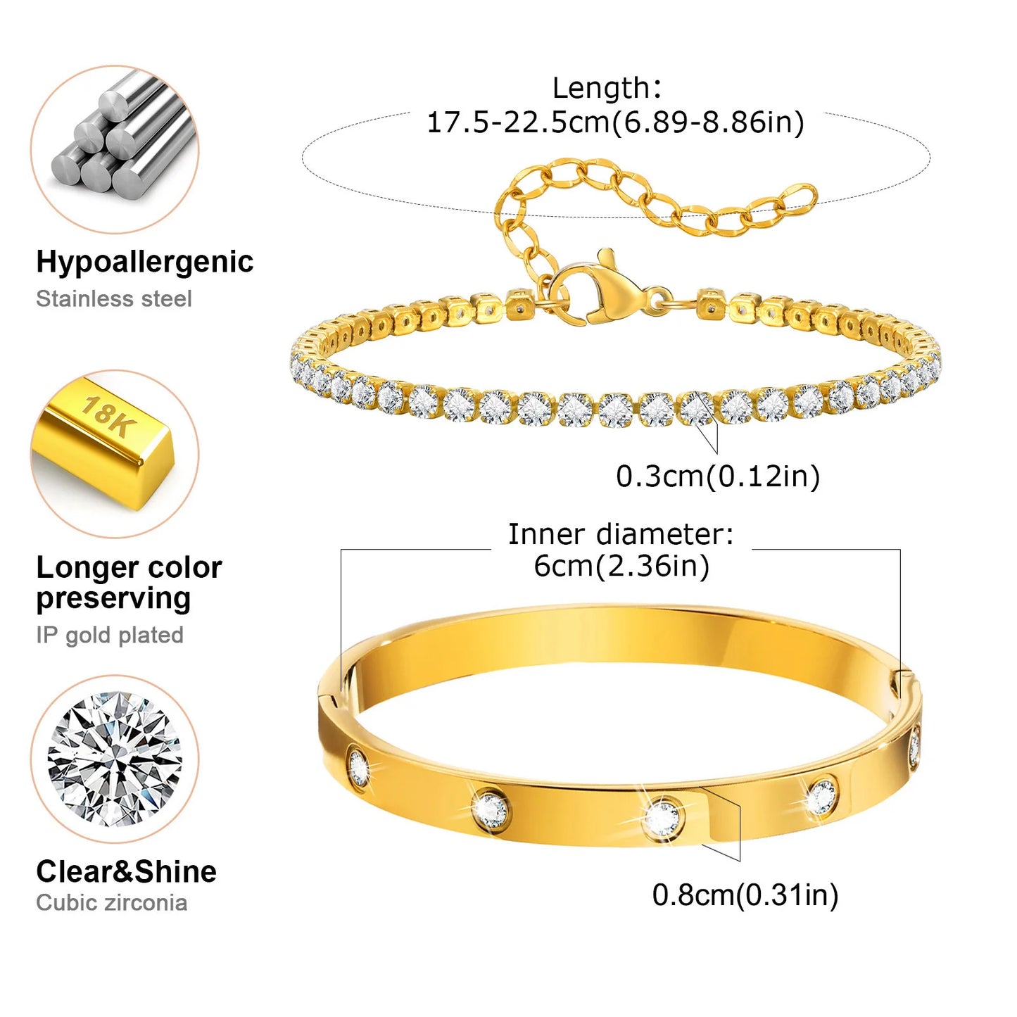 VNOX Love Tennis Bracelet Set β Gold Stainless Steel with AAA Zircon Stone for Women πβ¨