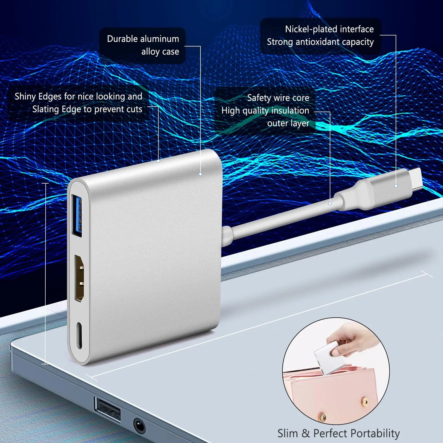 محول USB Type-C إلى HDMI 3 في 1 - HDMI بدقة 4K، وUSB 3.0، وشحن سريع PD