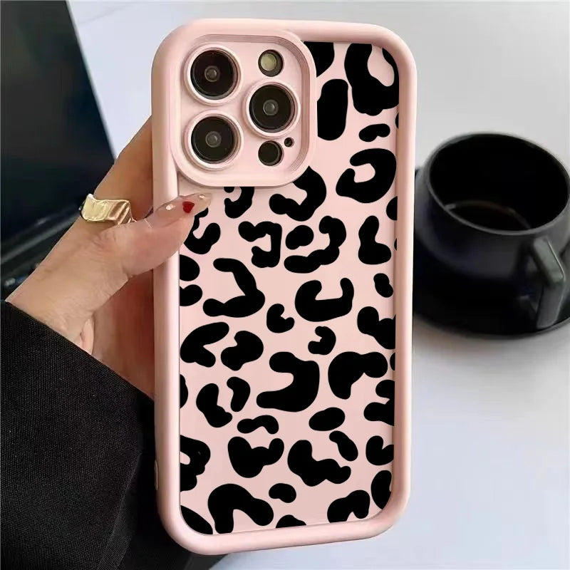 Black Leopard Print Pattern Silicone Phone Case For iPhone 15 16 Pro Max 16E Shockproof Cover