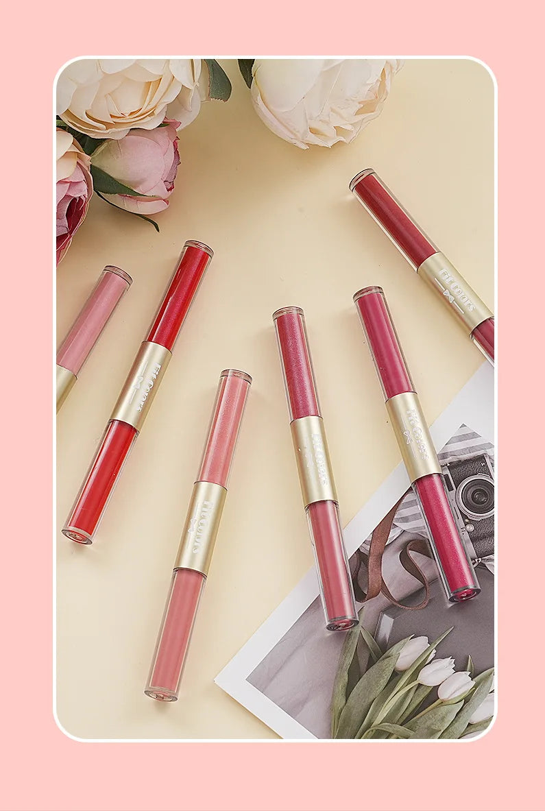 أحمر شفاه سائل جديد 2 في 1 من Fit Colors، غير لامع، مخملي، مقاوم للماء، لامع، ملمع شفاه، لامع، يدوم طويلاً، غير لاصق، كوب مستحضرات تجميل