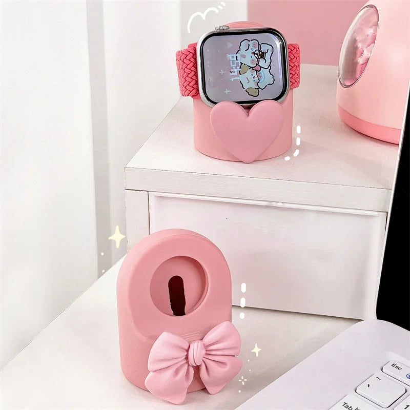 Cute 3D Bowknot Pink Wireless Charger Stand for Apple Watch