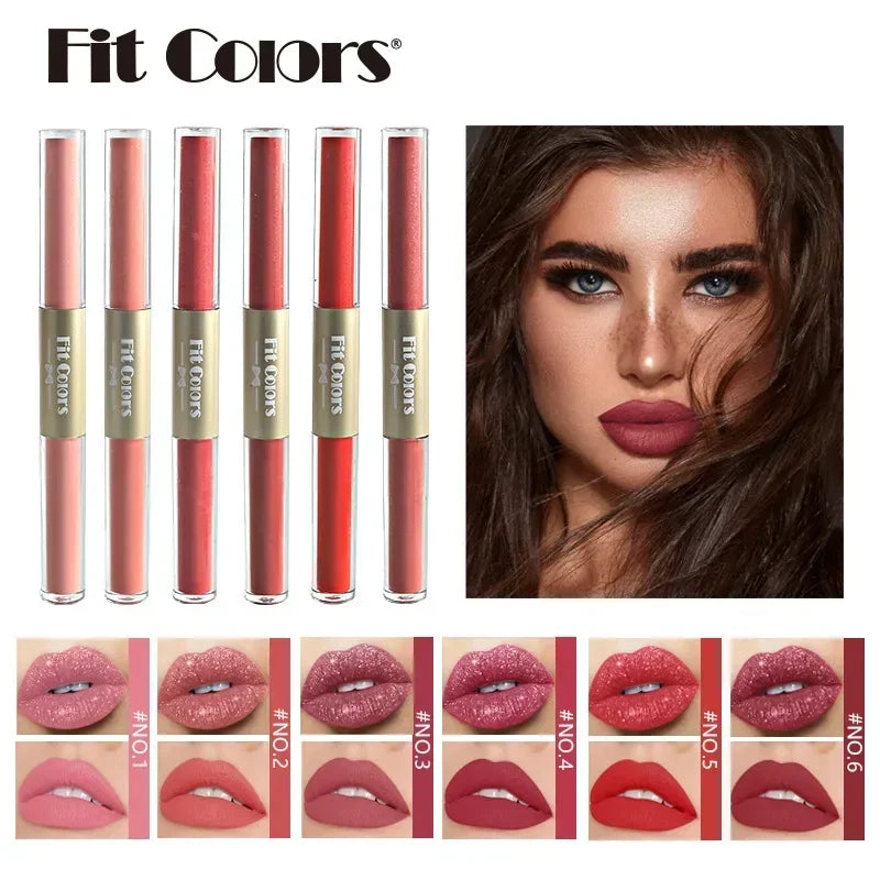 أحمر شفاه سائل جديد 2 في 1 من Fit Colors، غير لامع، مخملي، مقاوم للماء، لامع، ملمع شفاه، لامع، يدوم طويلاً، غير لاصق، كوب مستحضرات تجميل