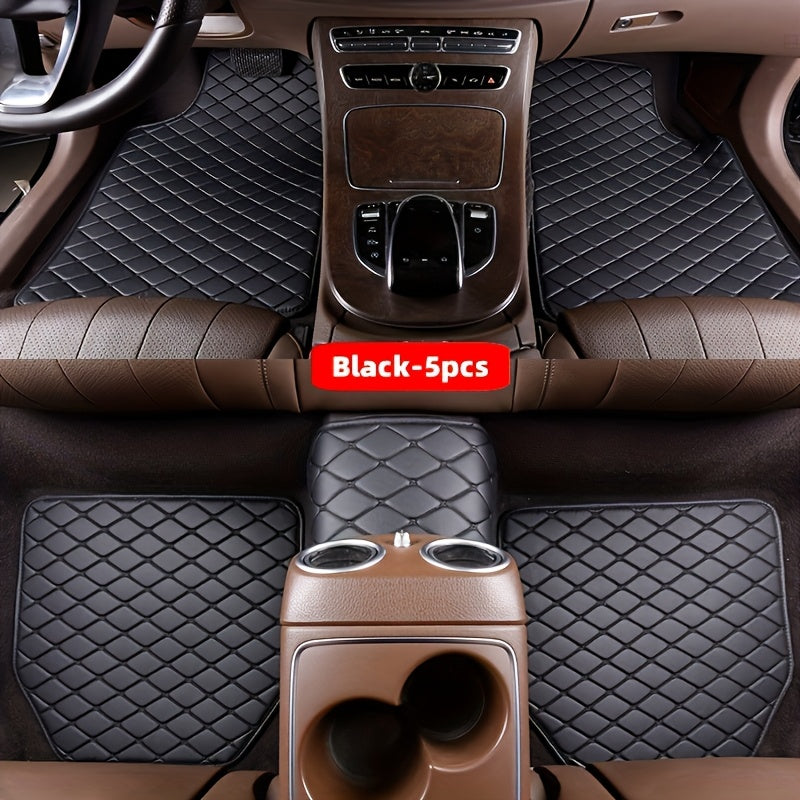 5pcs Set Waterproof Stylish Faux Leather Car Floor Mats with Checkered Pattern - Easy Installation, Enhanced Interior Protection, Fits Most Vehicles, Luxury Vehicle Accessorie