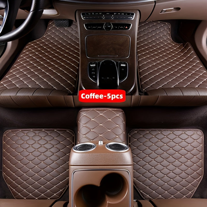 5pcs Set Waterproof Stylish Faux Leather Car Floor Mats with Checkered Pattern - Easy Installation, Enhanced Interior Protection, Fits Most Vehicles, Luxury Vehicle Accessorie