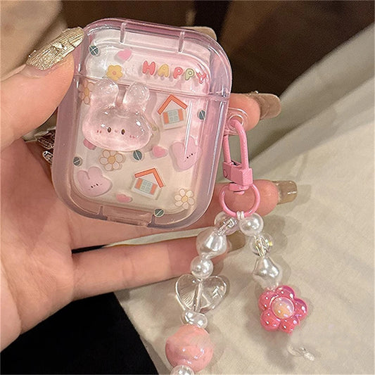 Cute 3D Rabbit Headphones Case for AirPods 1/2/3 & AirPods Pro 2 - Love Heart Beads Pendant Soft Silicone Protective Cover