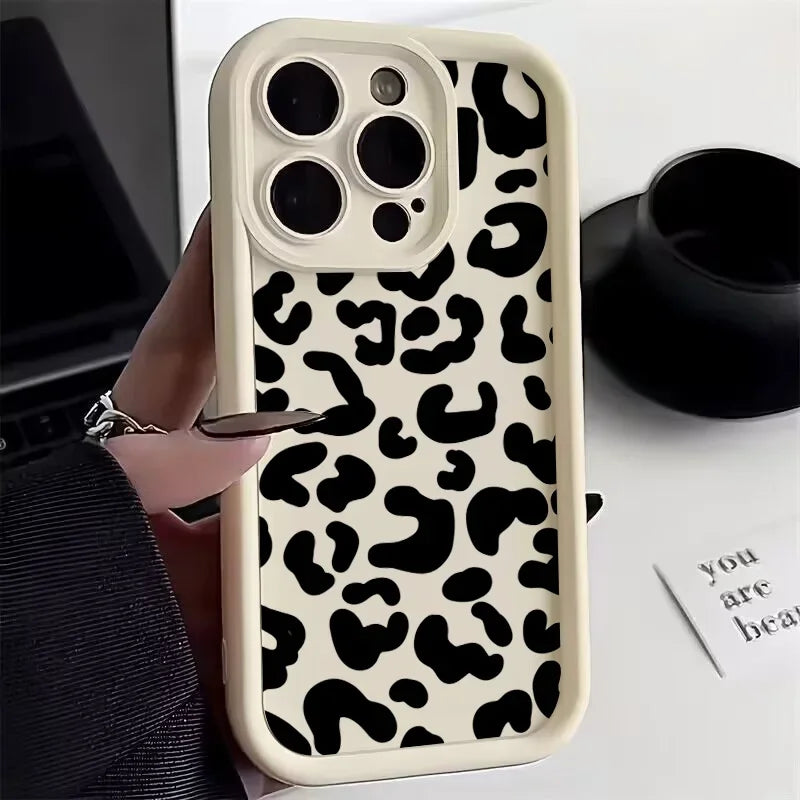 حافظ سيليكون أسود بنقشة جلد الفهد لهاتف iPhone 13 14 Pro Max مقاوم للصدمات
