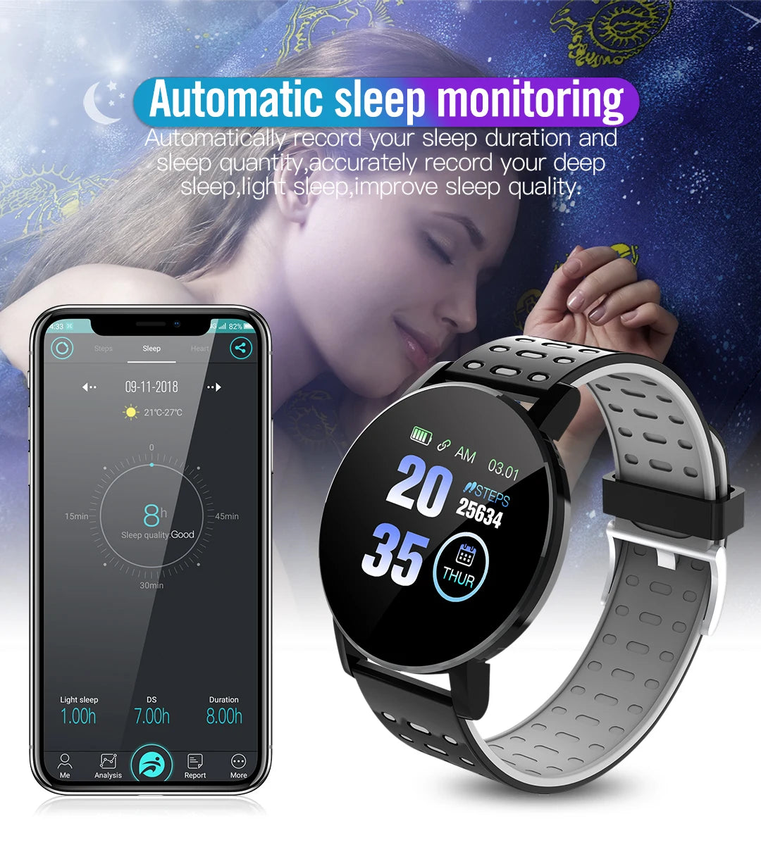 OPUYYM 119S Smartwatch – Bluetooth Fitness Tracker for Men and Women