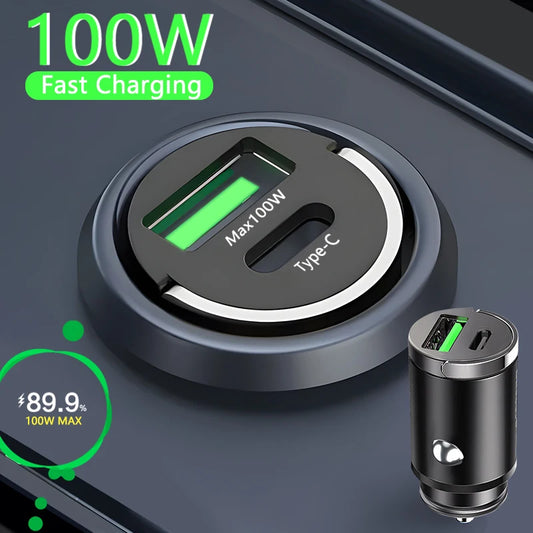 100W Mini Car Charger - Fast Charging for iPhone, Xiaomi, Samsung, Huawei