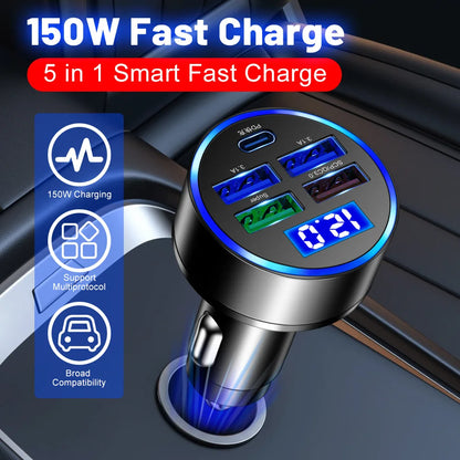 150W 5-Port Car Charger Fast Charging PD QC3.0 USB C Adapter