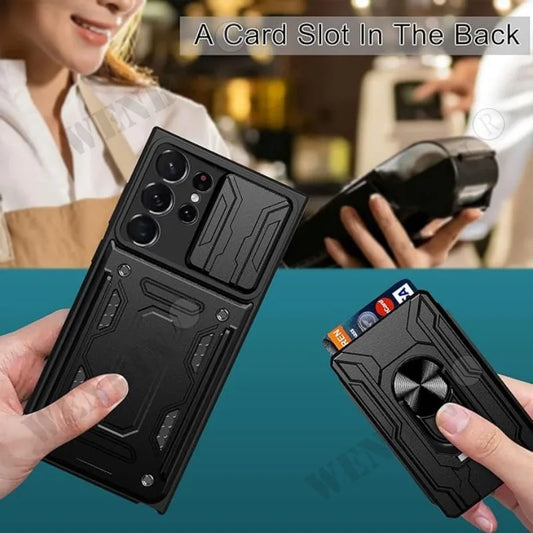 حافظ مقاوم للصدمات لهاتف Samsung S25 S24 S23 Ultra Plus FE 5G مزود بحلقة حامل للكاميرا وفتحة بطاقة بدرجة عسكرية